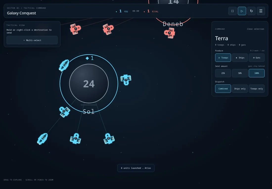 Galaxy Conquest development screenshot showing fleets around a planet