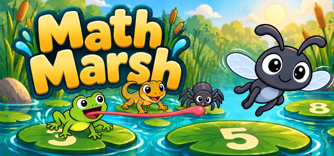 Math Marsh: a fly, frog, lizard, and spider among numbered lily pads